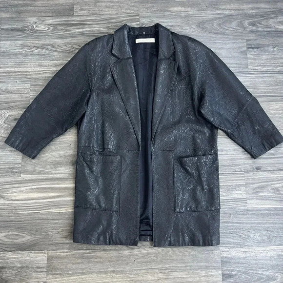 Andrew Marc Vintage Leather Trench Coat Black Snakeskin Moto Jacket Size Large - Picture 1 of 7